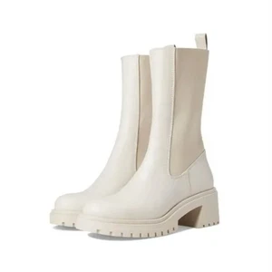 Steve Madden Hesitant Lug Mid Calf Boot 6 Bone Leather White Cream Chelsea - Picture 1 of 10
