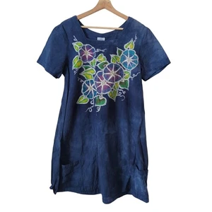 Color Me Cotton CMC Womens Dress Blue Tie Dye Floral Small Lagenlook Watercolor - Picture 1 of 7
