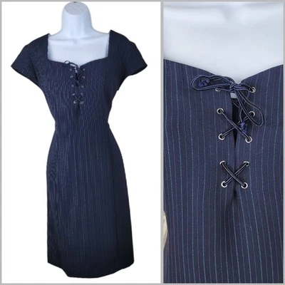 Vestido Traje Vaina Vintage Talla 8 Alt Fiesta Con Cordones Azul Marino Pin Rayas Carrera Gótico Foto 1 de 4