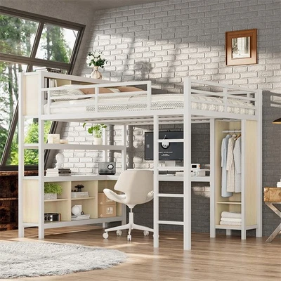 Queen Size Metal Loft Bed w/Wardrobe,L-shaped Desk,Storage Cubes,Shelves,White - Image 1 of 4