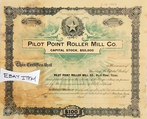 1905 stock certificate PILOT POINT ROLLING MILL CO. - Picture 1 of 1