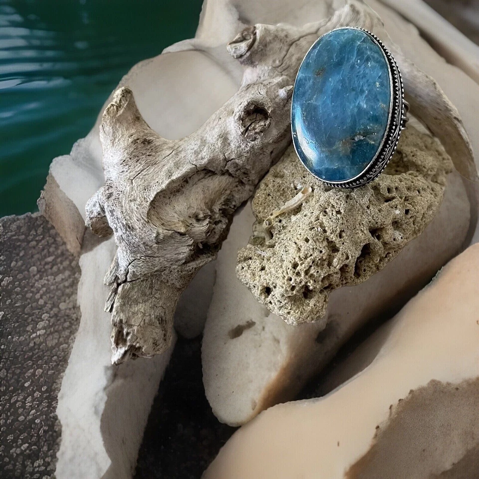 Кольцо с голубым апатитом и драгоценными камнями размер 9 -925 посеребренное - новое! - Изображение 1 из 4