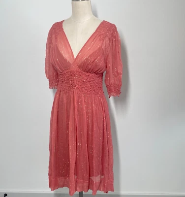 VTG BCBGMaxazria Dress Y2K Women S Pink Silk Fairy Coquette Femme Indie Smocked - Image 1 of 4