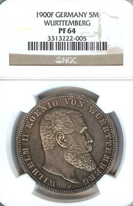 German States Wurttemberg 1900 5 Mark Coin Thaler NGC PF 64 PP UNC PROOF RARE - Picture 1 of 3