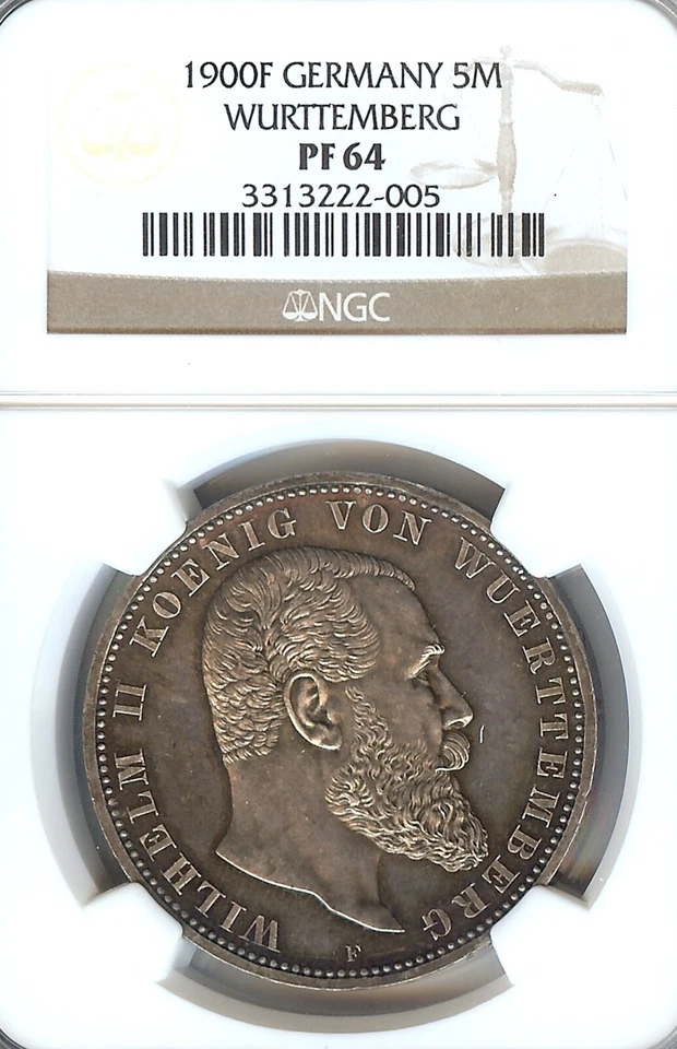German States Wurttemberg 1900 5 Mark Coin Thaler NGC PF 64 PP UNC PROOF RARE - Image 1 of 3