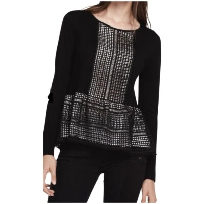 Sandro Paris Geometric Lace Ruffle Hem Pullover Sweater Black/Nude Sz 3 - Image 1 of 4