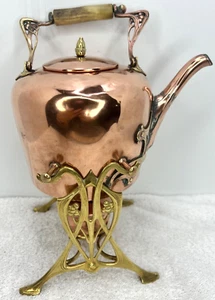 Antique German Copper and Brass Spirit Kettle, Horn Handle on Stand With Burner - Picture 1 of 16