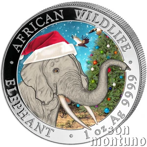 CHRISTMAS ELEPHANT - 1 oz African Wildlife Silver Coin in Capsule - 2018 Somalia - Picture 1 of 2
