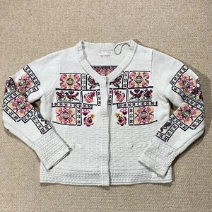 Odd Molly Cardigan Womens Size 4 Large 14 UK White Tapestry Knit Sweater - Picture 1 of 14