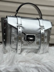 MICHAEL KORS MANHATTAN MEDIUM SCHOOL SATCHEL SHOULDER CROSSBODY BAG SILVER - Picture 1 of 15