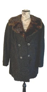 Vintage Label Black Persian Lamb Fur Brown Mink Collar Mid Length Coat Gorgeous! - Picture 1 of 5