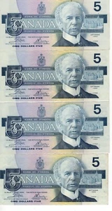 Bank of Canada 1986 $5 Five Dollars Lot of 4 Notes Crow-Bouey First Issues EF - Bild 1 von 2