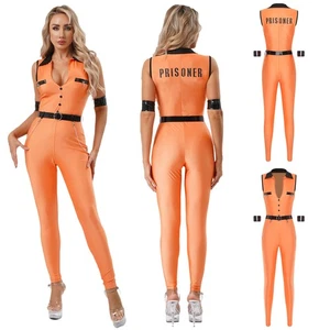 Damen Overall Verkleidung Gefangenen Kostüm Orange Body Kunstleder Outfit - Bild 1 von 25