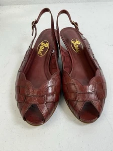 Sandali bassi donna 6 M pelle marrone tessuto tacco a blocco slingback vintage anni 80 - Foto 1 di 13