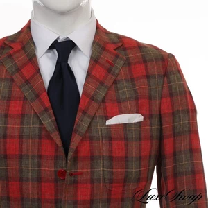 #1 MENSWEAR Belvest Tomato Red Green Gold Tartan Madras 100% Linen Jacket 50 NR - Picture 1 of 9