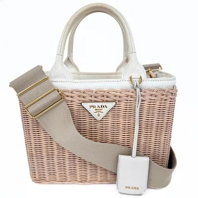 PRADA Канапа плетеная корзина сумка ротанг Raffia 2Way бежевый белый руки плеча хорошо - Изображение 1 из 4