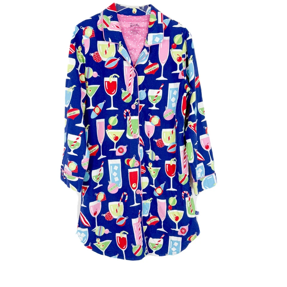 Camisa de dormir Nick & Nora Natal coquetéis flanela tamanho médio M em excelente estado usado - Imagem 1 de 4