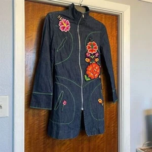 Denim Embroidered Jacket Floral Applique Unique Design Coat Bohemian Style - Picture 1 of 9