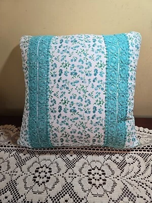 Vtg. The Pioneer Woman Teal Floral Eyelet Lace Decorative Throw Pillow 16 x 16"  - Image 1 of 4