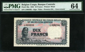 Congo Belga 1955, 10 francos, P30a, PMG 64 UNC - Imagen 1 de 2