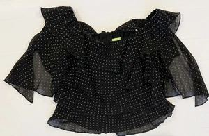 Citrine $150 Micro Dot Black Ruffle Boatneck Flutter Sleeve Tiered Blouse Sz 14 - Picture 1 of 7