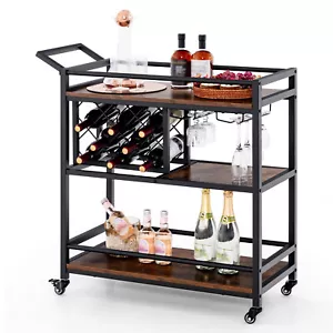 3-tier Bar Cart on Wheels Home Kitchen Serving Cart w/ Wine Rack & Glass Holder - Picture 1 of 10