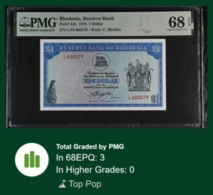 [TOP POP] RHODESIA $1 1976 P34 PMG 68 SUPERB GEM UNC EPQ ZIMBABWE SCARCE GRADE - Picture 1 of 4