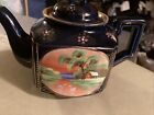 Vintage Handpainted Navy Gold House Scenery Sunset Teapot 6