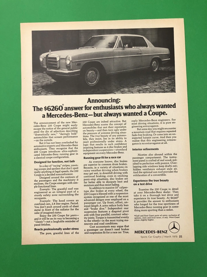 1970 MERCEDES BENZ 250 COUPE ORIGINAL VINTAGE PRINT AD ADVERTISEMENT PRINTED - Image 1 of 1