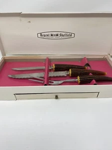 Vintage Sheffield englisches 9-teiliges Steakmesser Schnitzen Geweih Besteck Set Schatztruhe - Bild 1 von 4