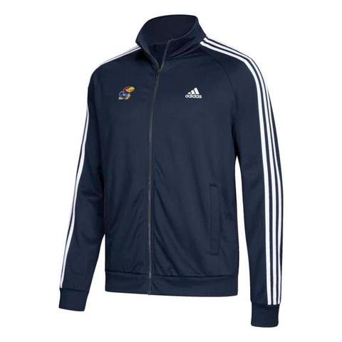 Kansas Jayhawks NCAA 1941 Logo Embossed Phrase Navy Blue 3-Stripe Track Jacket Cover