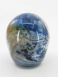 Signed Art Glass Paperweight with Blue, Orange, White & Green 3" Wide x 4" Tall - Picture 1 of 4