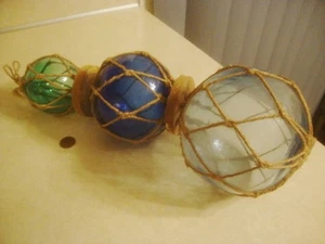Vtg Japanese Glass Fishing Net Float Buoy Ball set Hand Blown Green Blue Misty! - Picture 1 of 8