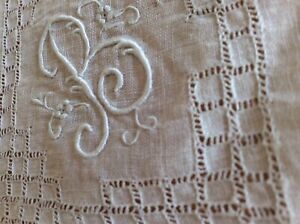 Vintage Swiss Hand Emb Linen Handkerchief w/Whitework B Initial 10” Monchoir