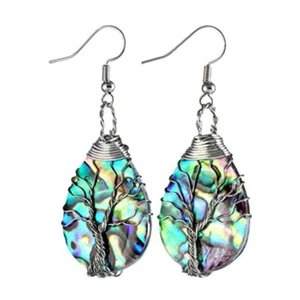 Natural Abalone Shell Wire Wrap Tree Of Life Dangle Hook Women's Shell Earrings - Picture 1 of 18