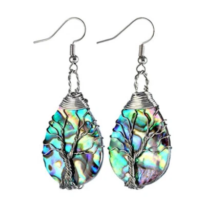 Natural Abalone Shell Wire Wrap Tree Of Life Dangle Hook Women's Shell Earrings - Image 1 of 2