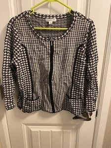 Coldwater Creek 16 Zip Jacket Houndstooth Black White Stretch Cardigan Top Crop - Picture 1 of 8