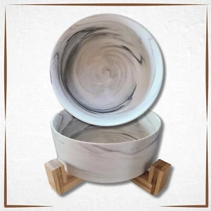 Large Dog Bowl Ceramic Modern Marble Design with Wooden Stand - Picture 1 of 5