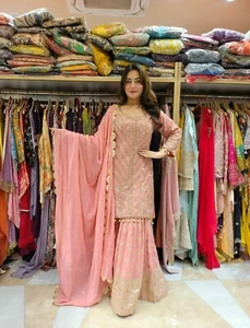 HOCHZEIT SHARARA SALWAR KAMEEZ ANZUG DAMEN INDISCH PAKISTANISCH KURTI PLAZZO EID - Bild 1 von 13