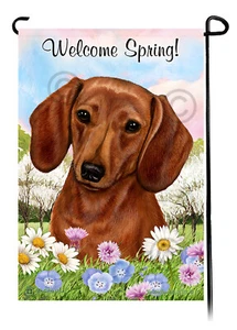 Welcome Spring Garden Flag - Red Shorthair Dachshund - Picture 1 of 1