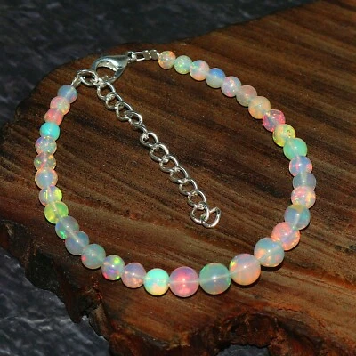 Natural Ethiopian Fire Opal Round Balls Bead 925 Sterling Silver Bracelet - Image 1 of 3