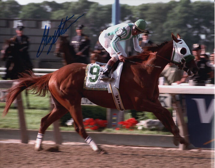 Foto de acabado de estacas Belmont 2001 Point Given 8" x 10" firmada por Gary Stevens Foto 1 de 1