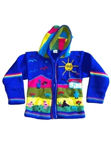 Lucy Iburg Peruvian Sweater Cardigan Zip Hood Acrylic Sz 4 Embroidered Yarn - Picture 1 of 9