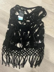 VINTAGE TOPSHOP BLACK 'GOTHIC PUNK HOLEY CHAIN FRINGE VEST / TOP UK/AUS 14 - Picture 1 of 14