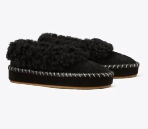 TORY BURCH SHEARLING SLIPPERS FLATS SHOES BLACK SIZE 6.5 $278