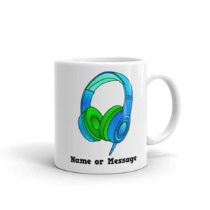 Personalized Headphones Mug. Ceramic Coffee Mug with Blue and Green Headphones. - Picture 1 of 7