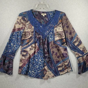 One World Womens Blouse Lace Neckline Bell Long Sleeves Multi Print Large - Picture 1 of 8