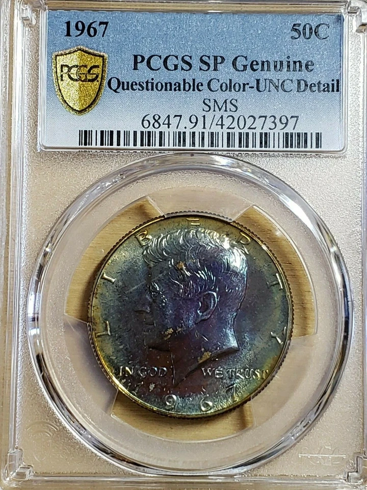 1967 Kennedy Half Dollar Special Mint Set Issue Toned PCGS UNC Detail 7397 - Image 1 of 3