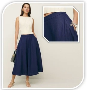 Reformation Maia Blue Linen Midi Skirt AU 10P USA 6P Euro Summer Chic RRP $345 - Foto 1 di 22