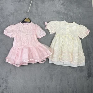 Vintage Baby Sheer Dress Girls 3T Pink Floral White Lace Bow Ribbon Party 70s - Picture 1 of 22
